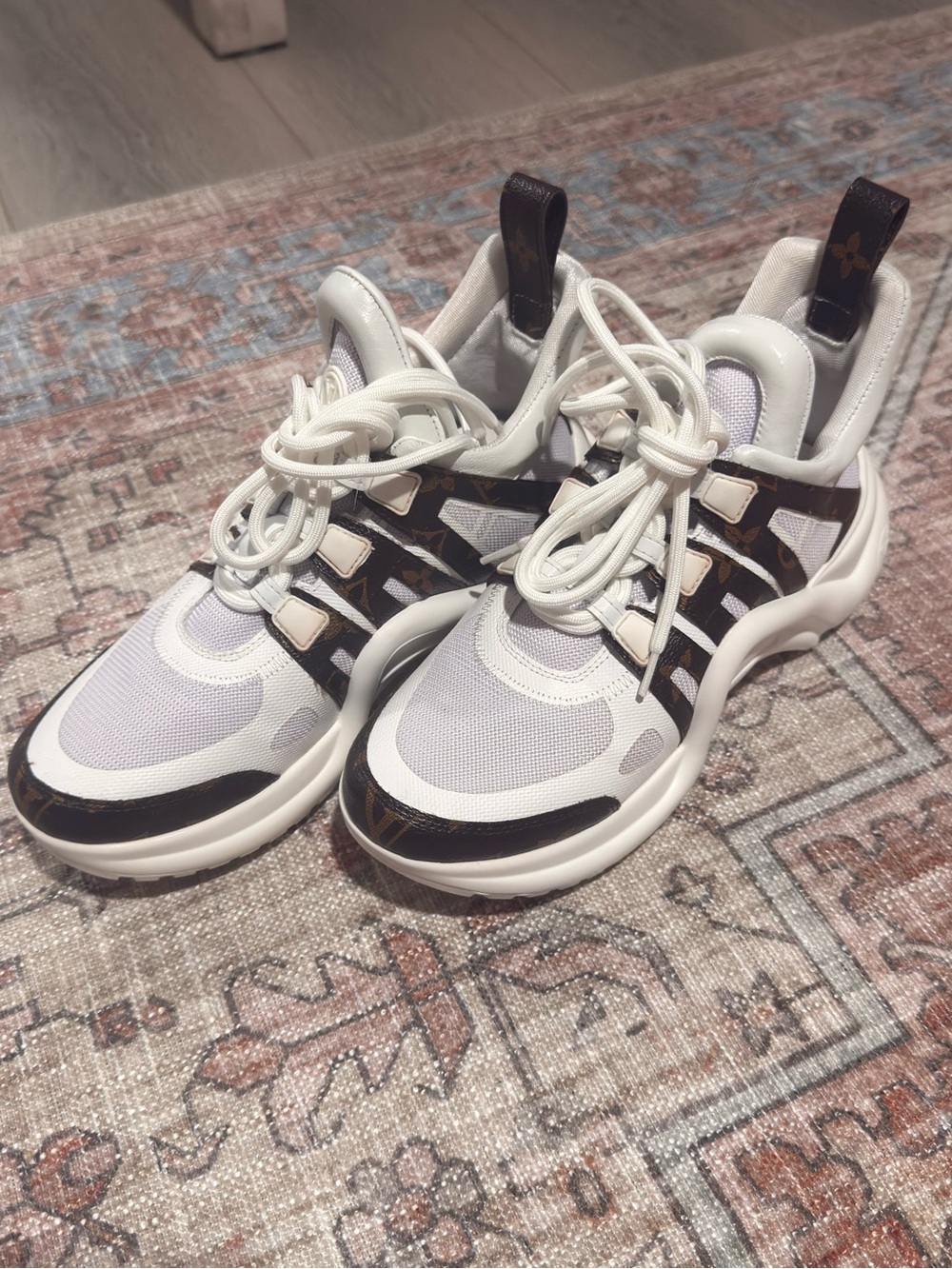 Louis Vuitton White and Brown Monogram Lace-Up Sneakers